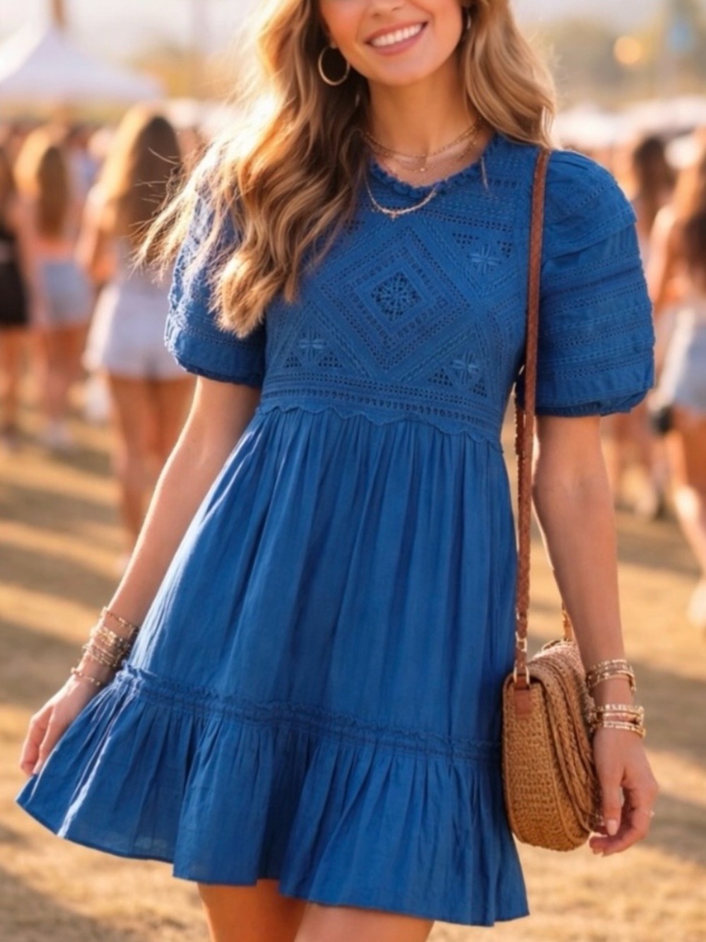 Sea New York Talitha Half Puff Sleeve Cut Out Eyelet Blue Cotton Dress Size 4